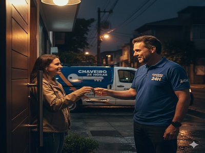 Chaveiro entregando uma chave para um cliente satisfeito
